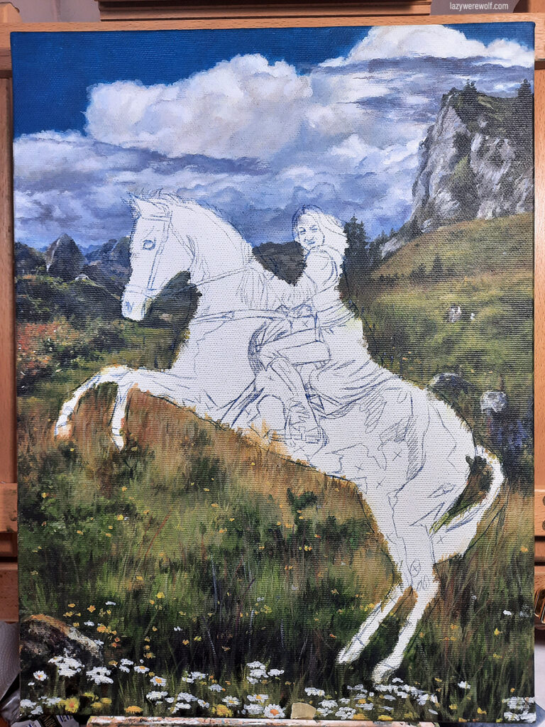 Acrylic painting process: epic horse scene 12