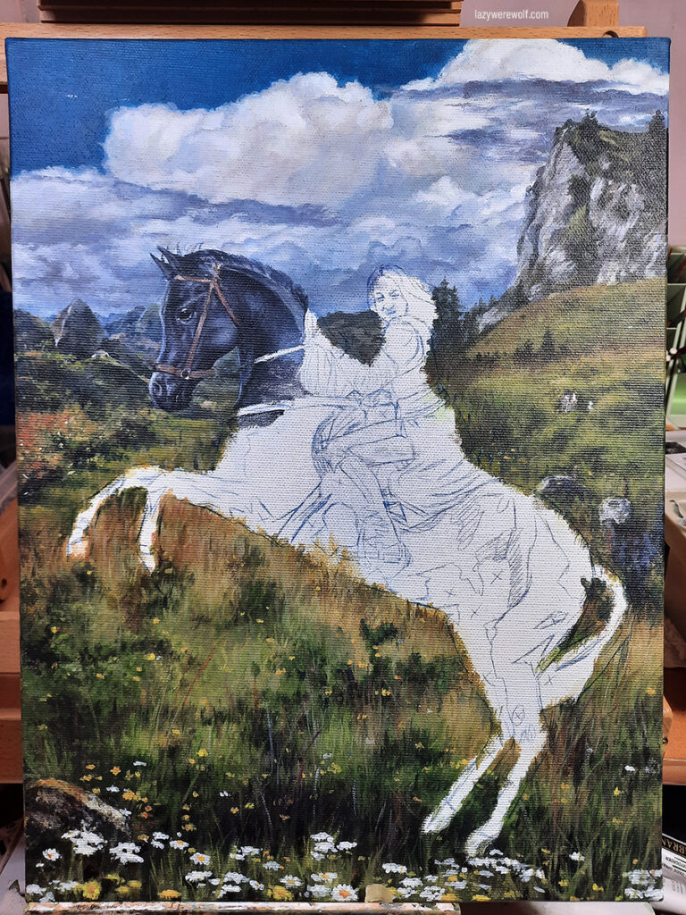 Acrylic painting process: epic horse scene 13